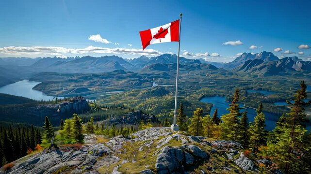 Large Canadian flag waving on flagpole atop a mountain peak, stunning panoramic view of forests and lakes. Canada Day