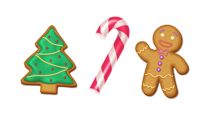 Christmas gingerbread man candy cane and fir tree realistic color icons set. New Year sweets adding touch of festive cheer 3d objects on white