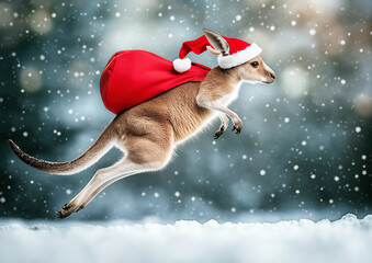 A kangaroo in a festive Santa hat hops joyfully through falling snow, embracing the holiday spirit in a winter wonderland
