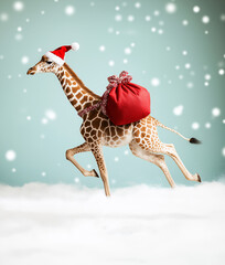 A playful giraffe in a Santa hat rushes through falling snow while carrying a red gift bag over its back