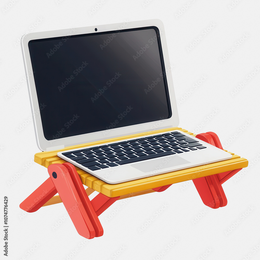 Poster this image features a simple laptop stand with a modern design, set against a clean white background