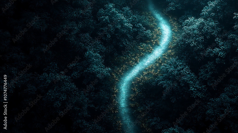 Poster serene aerial view of winding path through enchanted forest surrounded by lush greenery and soft glo