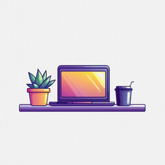 A vibrant illustration of a laptop on a minimalist desk, featuring a plant and a cup of coffee, perfect for modern workspace themes and creative designs.