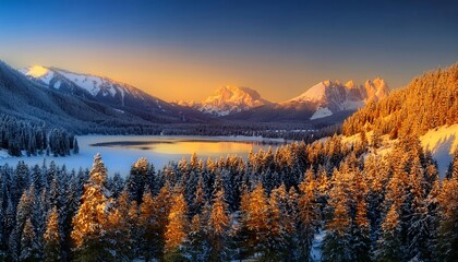 Obraz premium A breathtaking view of a snow-covered mountain range, bathed in the light of a bright, clear sky, showcasing nature's majestic beauty and tranquility.