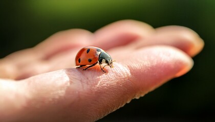 A ladybug crawling on the human's hand