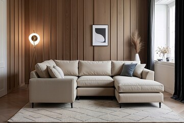 Beige Corner Sofa in Minimalist Living Room with Wooden Paneling and Stylish Decor