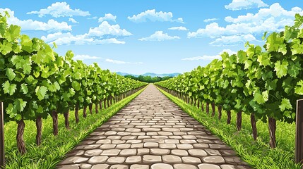 Obraz premium Scenic Vineyard Pathway with Lush Green Grapevines under Clear Blue Skies and Fluffy Clouds, Perfect for Wine Country Themes and Nature Illustrations