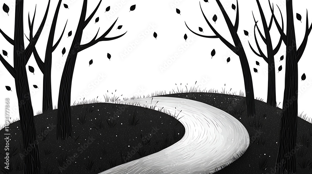 Aufkleber scenic illustration of a winding path through a black and white forest with sparse trees and falling