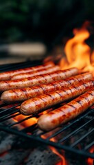 Grilled Sausages, Barbecue On Hot Grill With Big Flames For Summer Party Backyard Picnic.