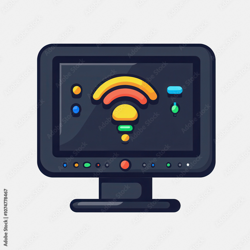 Poster icon of a modern smart home hub on a white background, featuring colorful controls and a wireless si