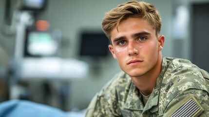 Obraz premium Battlefield to Bedside: A Soldier's Story.Concept of resilience, recovery, perseverance, military healthcare, and post-traumatic stress disorder (PTSD), and physical therapy.