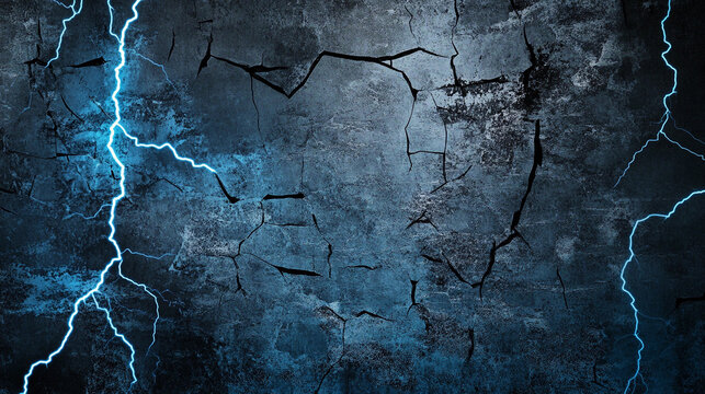 Cracked concrete wall illuminated by striking blue lightning