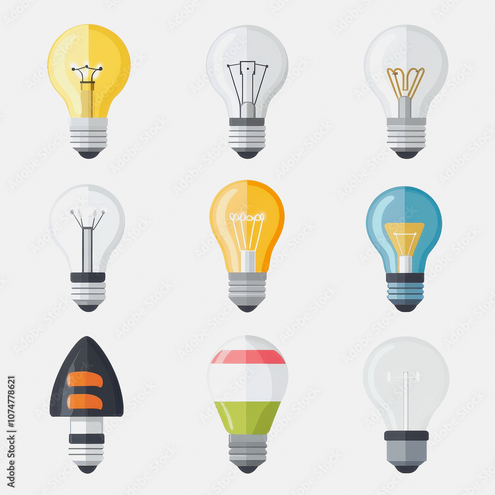 Poster this image showcases a collection of light bulb designs on a clean white background, featuring vario