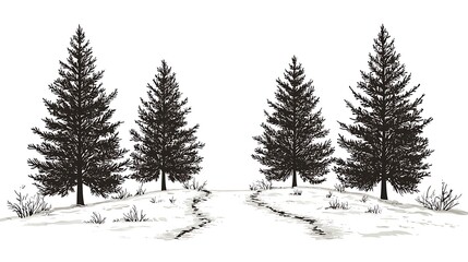Fototapeta premium Serene Winter Landscape with Pine Trees and Snowy Ground, Perfect for Holiday Themes and Nature Illustrations, Evoking Calmness and Tranquility in a Winter Setting