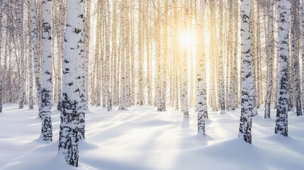 Sunlight filtering through snowy birch trees in winter forest