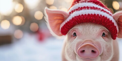 A piglets face wearing a red and white striped Christmas hat, its nose slightly wrinkled in a smile