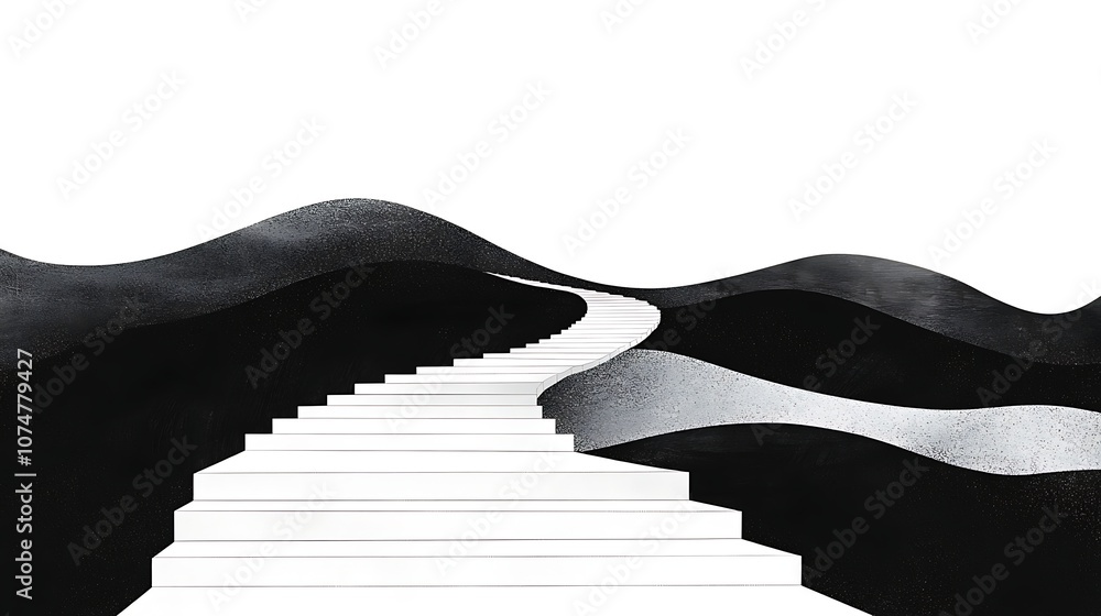 Poster serene abstract landscape with winding staircase leading through stylized black and white hills, cre