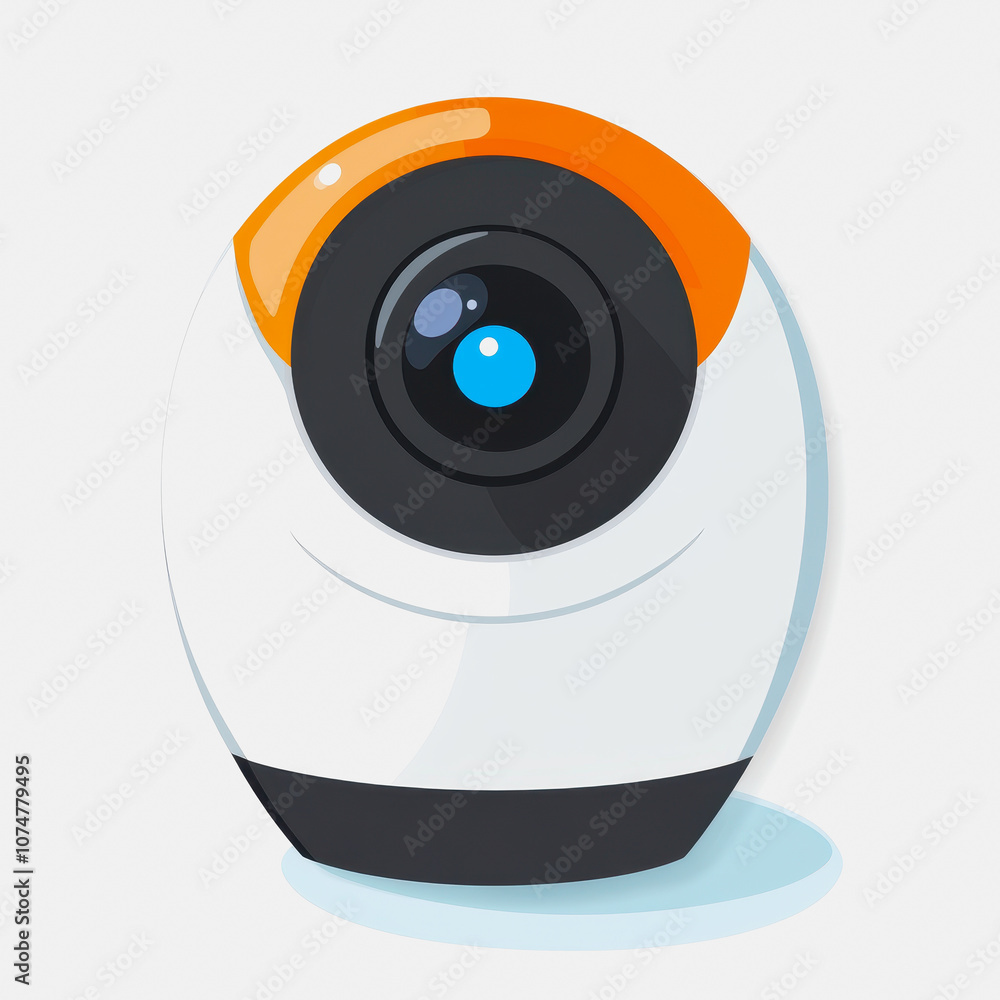 Poster a simple and modern flat icon of a security camera on a white background, featuring a distinctive ro
