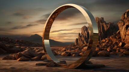 Fototapeta premium Golden Ring Sculpture in a Desert Landscape