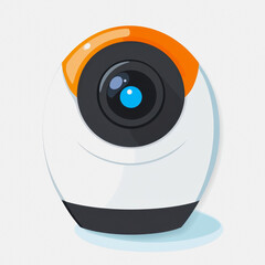A simple and modern flat icon of a security camera on a white background, featuring a distinctive round lens with an orange accent, perfect for technology-related projects.