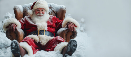 Banner of smiling Santa Claus portrait with kind eyes in glasses sitting in a chair on Christmas snowy background 
