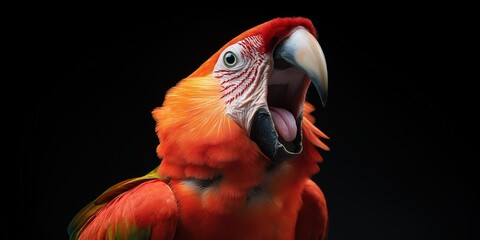 An extreme close-up of a Scarlet Macaw with its beak wide open in an exaggerated scream of shock
