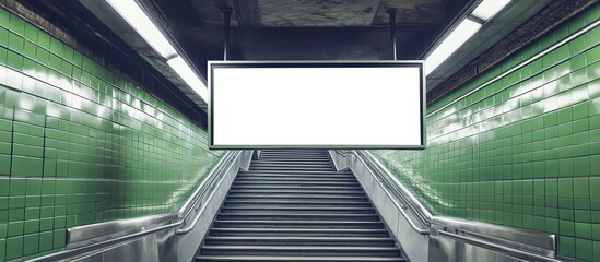 Obraz premium Subway wall with blank billboard, green tiles, stainless steel stairway.