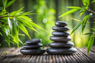 Obraz premium A soothing display of basalt stones stacked with bamboo leaves creates a tranquil setting for relaxation