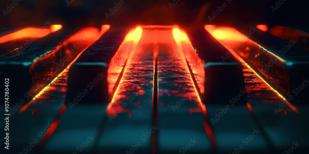 Poster a close up of a piano with the keys lit up in red