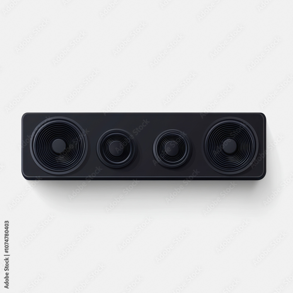 Poster this image features a simple flat icon of a soundbar design on a clean white background, ideal for r