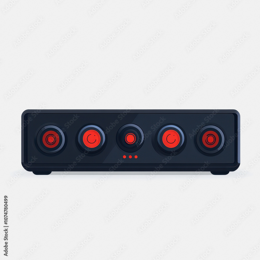 Poster a flat design icon of a simple soundbar with control buttons, set against a clean white background. 