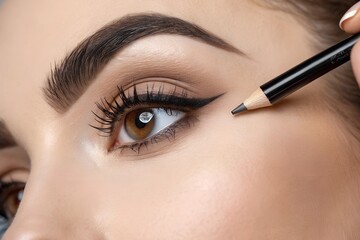 Close-up of a woman's eye with eyebrow pencil application, natural makeup detail, beauty and cosmetics concept, precision and definition, professional makeup, studio photography, subtle and elegant.