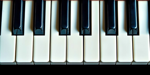 A close up of a piano keyboard with the black keys showing