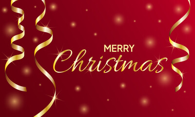 Golden letters Merry Christmas with golden serpentine on a red background. Christmas greeting card