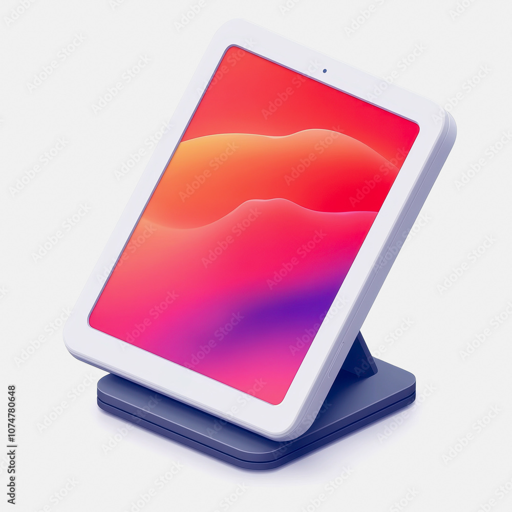 Poster a stylish tablet positioned on a simple stand, featuring a vivid colorful display. perfect for showc