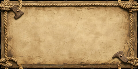 A wooden sign with ropes around it