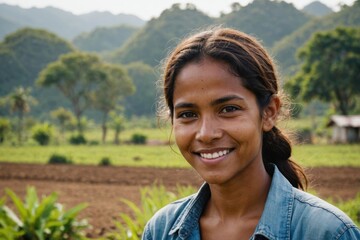 Close portrait of a smiling young East Timorese female farmer standing and looking at the camera, outdoors East Timorese rural blurred background