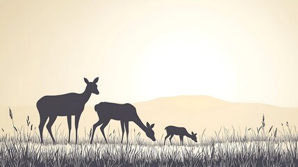 Naklejka premium Silhouetted Deer Family in Grassy Landscape at Dusk with Gentle Hills and Soft Light for Nature and Wildlife Themes