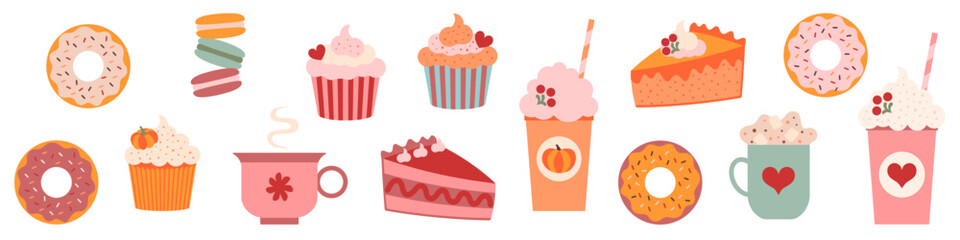 Pumpkin Spice Autumn Desserts and Drinks. A collection of pumpkin spice-themed desserts and drinks, including cupcakes, pie, donuts, and cozy mugs. Vector illustration