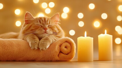 A cozy orange cat sleeps peacefully on a soft towel, illuminated by warm candlelight and soft bokeh lights.