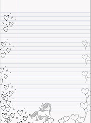 Unicorn hearts lined notebook page