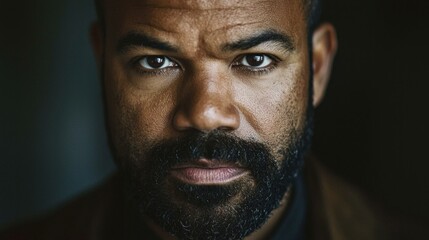 Intense gaze of bearded man in moody lighting portrait