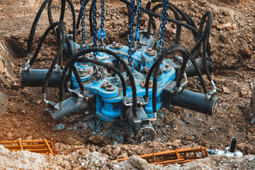 Heavy machinery pile cropper cut off piles at a construction site with blue hydraulic pile cropper 
