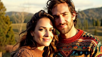 Happy couple smiling on camera during trekking day with autumn nature in background - Nature and hiking love concept - Models by AI generative - Focus on the faces