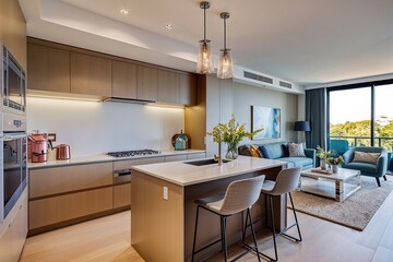 Stylish Modern Kitchen and Lounge with Energy Efficient Appliances Overlooking Trendy Dining Nook and Bright Balcony