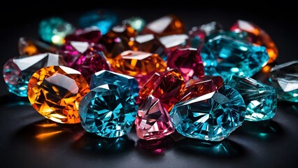 Fototapeta premium Colorful Gemstones Scattered on a Dark Surface at a Jewelry Display Showcasing Their Brilliance and Clarity