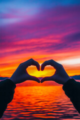 A person is holding up their hands in a heart shape over a beautiful sunset