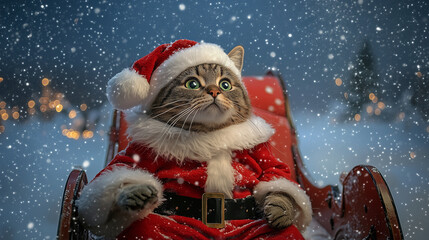 Cat in Festive Red Santa Claus Costume and White Fluffy Beard Portrait, Christmas Holiday Pet Photography with Traditional Santa Hat, Winter Season Animal Photo with Cute Kitten in Red and White
