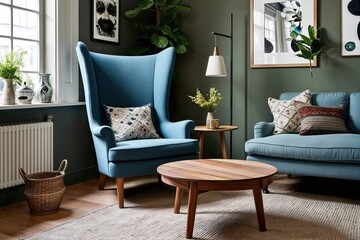 Scandinavian Style Interior with Classic High Back Chair and Round Wooden Coffee Table Featuring Eclectic Decor Accents