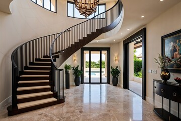 Modern Luxury Villa Entrance with Elegant Spiral Staircase Design